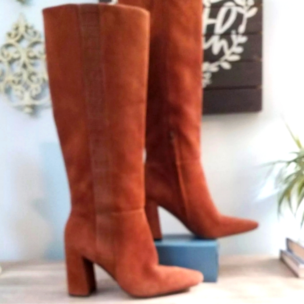389 Womens CHELSEA & VIOLET Sz 8.5 Carmel Suede Knee High Block Heel Boots